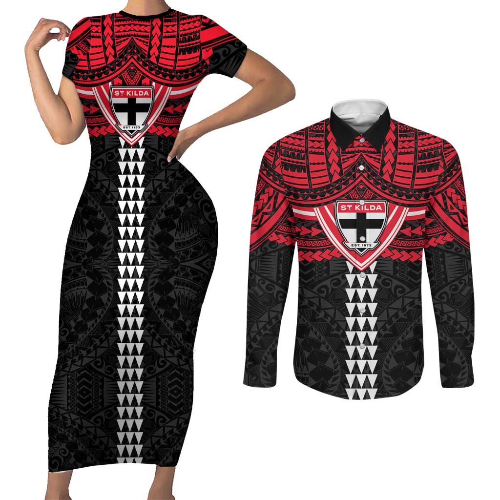 Personalized St Kilda Saints Couples Matching Short Sleeve Bodycon Dress and Long Sleeve Button Shirt Polynesian Tribal Pattern Heritage Football