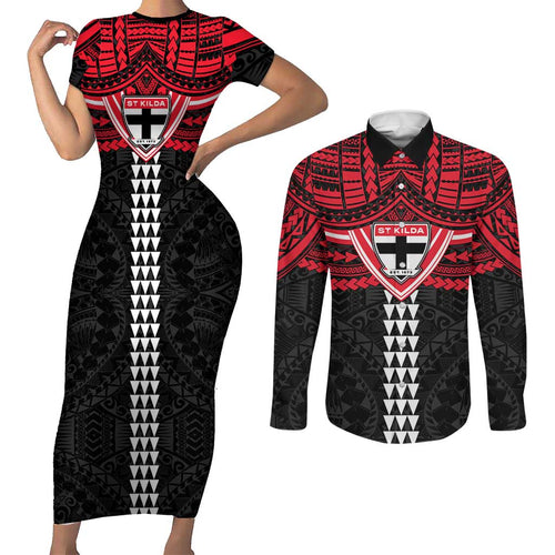 Personalized St Kilda Saints Couples Matching Short Sleeve Bodycon Dress and Long Sleeve Button Shirt Polynesian Tribal Pattern Heritage Football