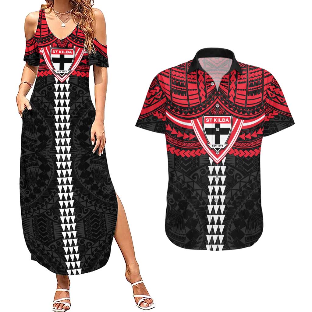 Personalized St Kilda Saints Couples Matching Summer Maxi Dress and Hawaiian Shirt Polynesian Tribal Pattern Heritage Football