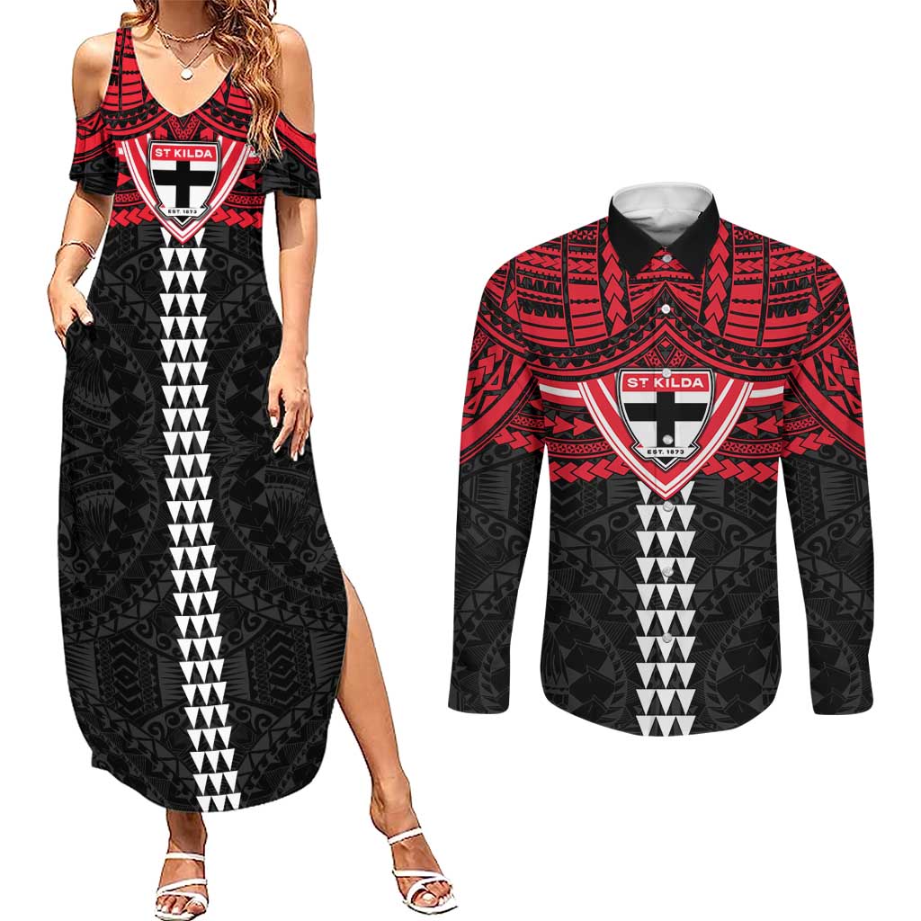 Personalized St Kilda Saints Couples Matching Summer Maxi Dress and Long Sleeve Button Shirt Polynesian Tribal Pattern Heritage Football