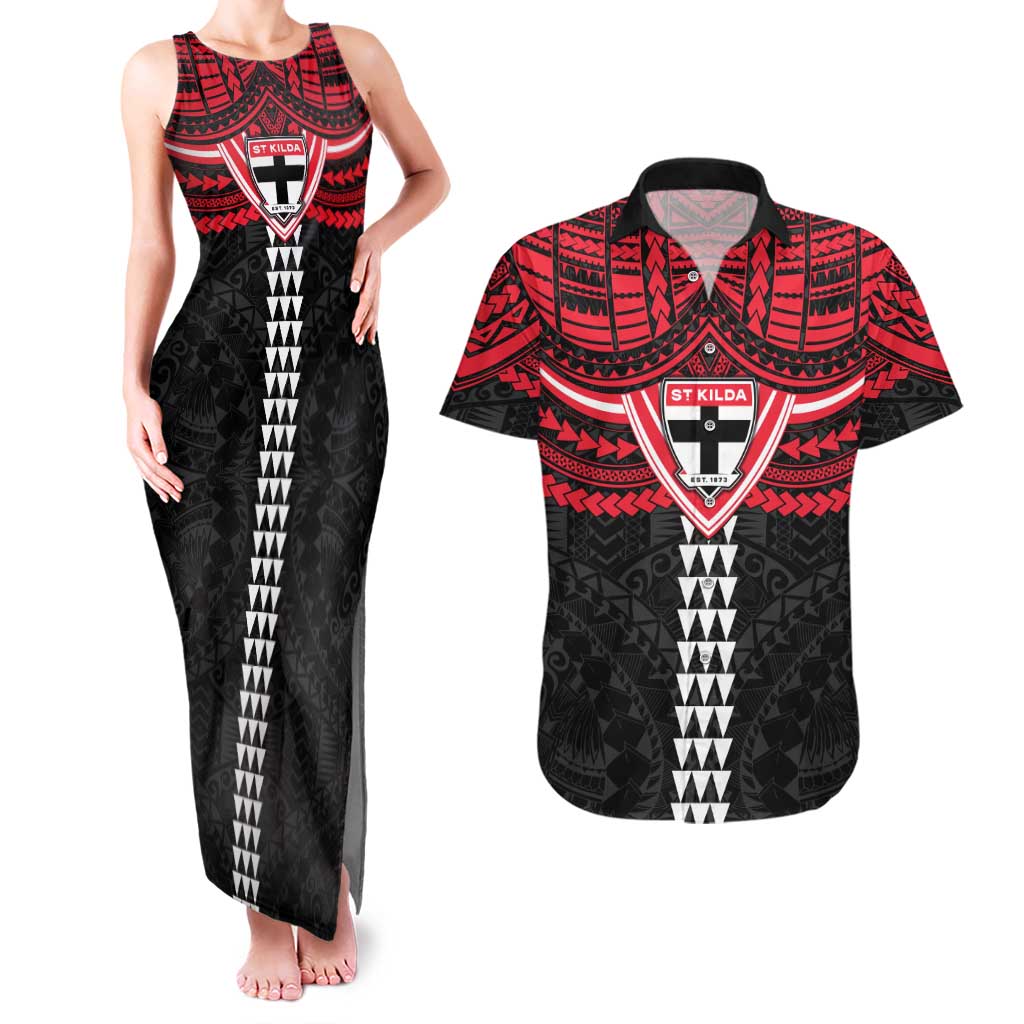 Personalized St Kilda Saints Couples Matching Tank Maxi Dress and Hawaiian Shirt Polynesian Tribal Pattern Heritage Football