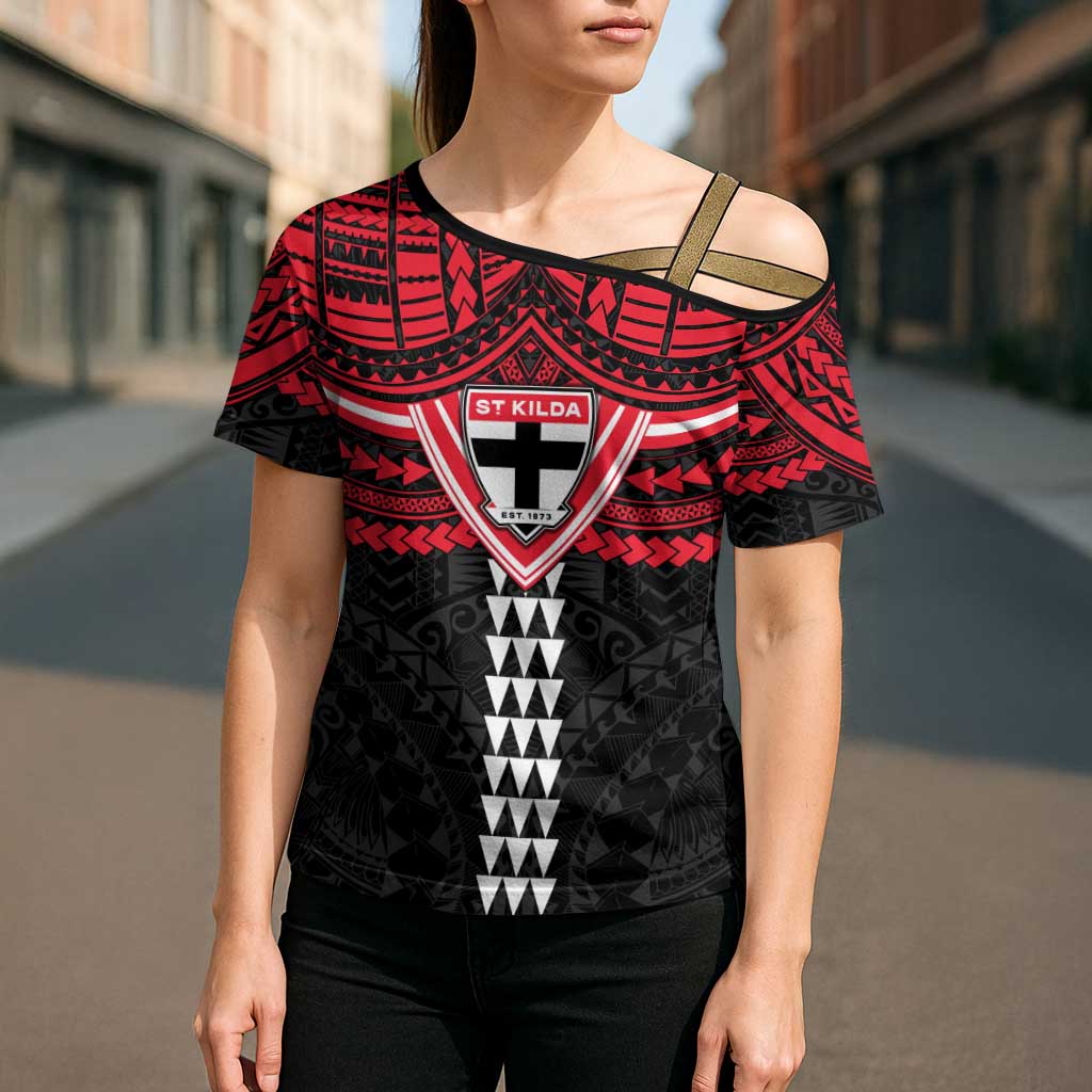 Personalized St Kilda Saints Cross Shoulder Shirt Polynesian Tribal Pattern Heritage Football