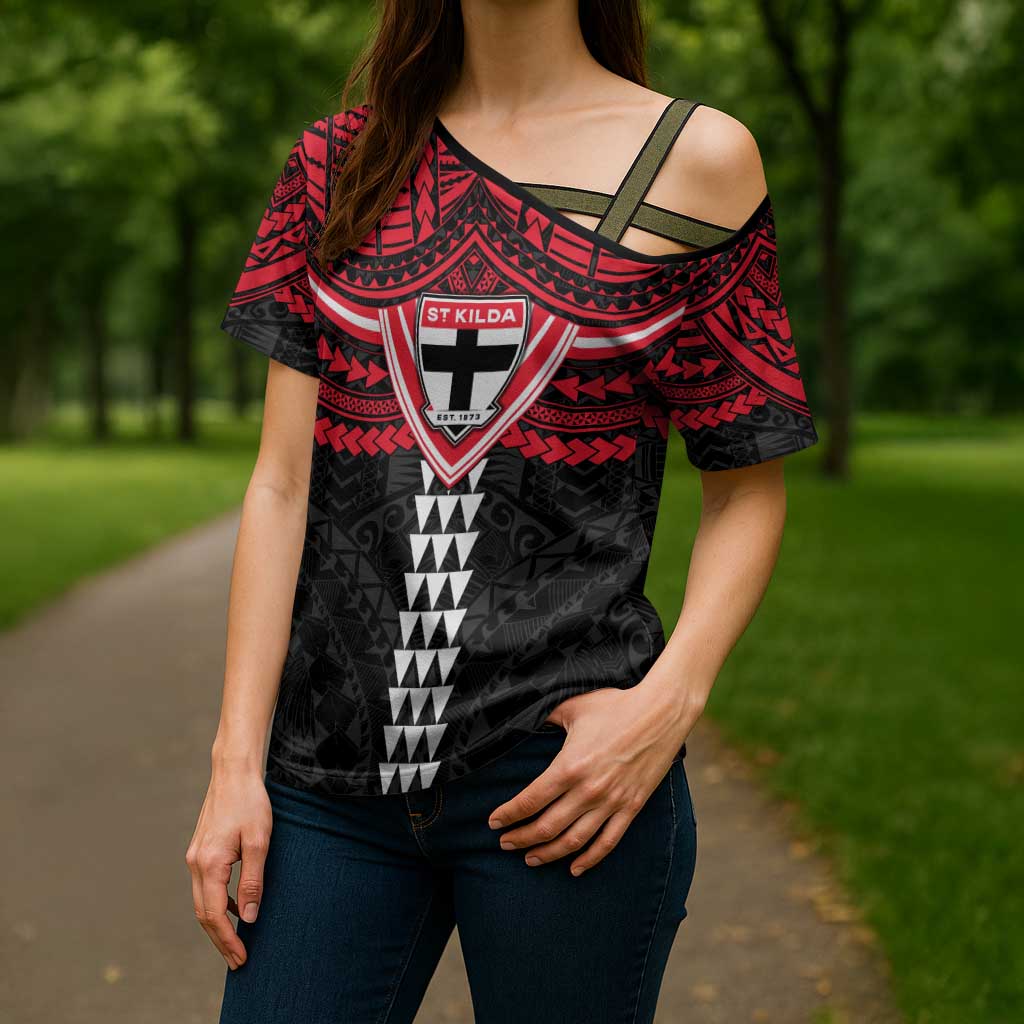 Personalized St Kilda Saints Cross Shoulder Shirt Polynesian Tribal Pattern Heritage Football