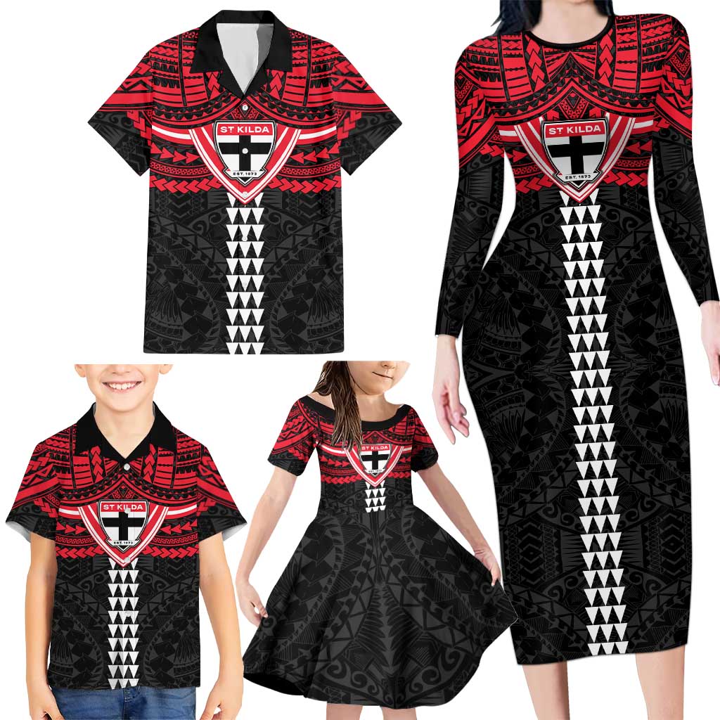 Personalized St Kilda Saints Family Matching Long Sleeve Bodycon Dress and Hawaiian Shirt Polynesian Tribal Pattern Heritage Football