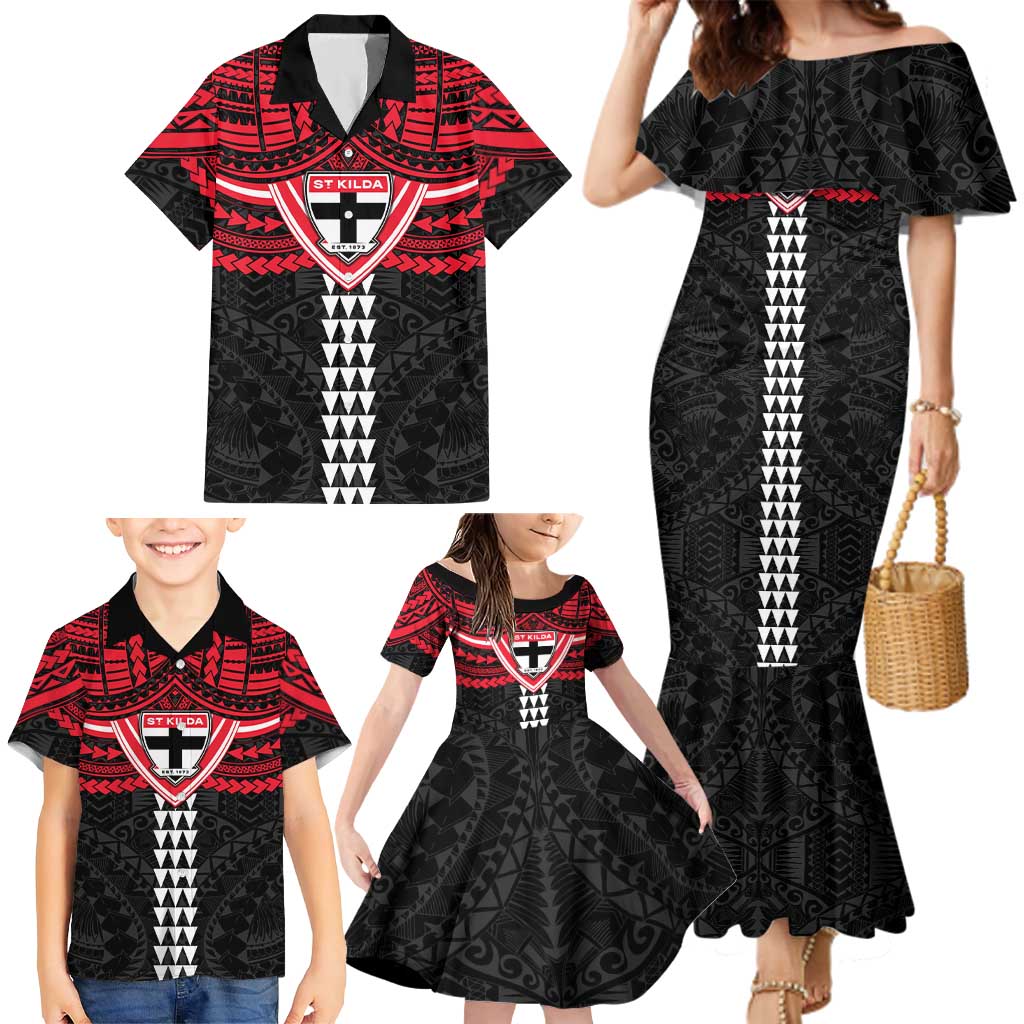 Personalized St Kilda Saints Family Matching Mermaid Dress and Hawaiian Shirt Polynesian Tribal Pattern Heritage Football