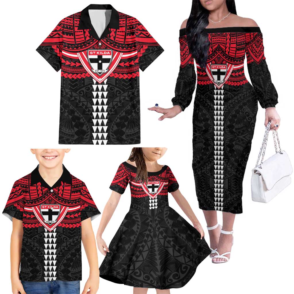 Personalized St Kilda Saints Family Matching Off The Shoulder Long Sleeve Dress and Hawaiian Shirt Polynesian Tribal Pattern Heritage Football