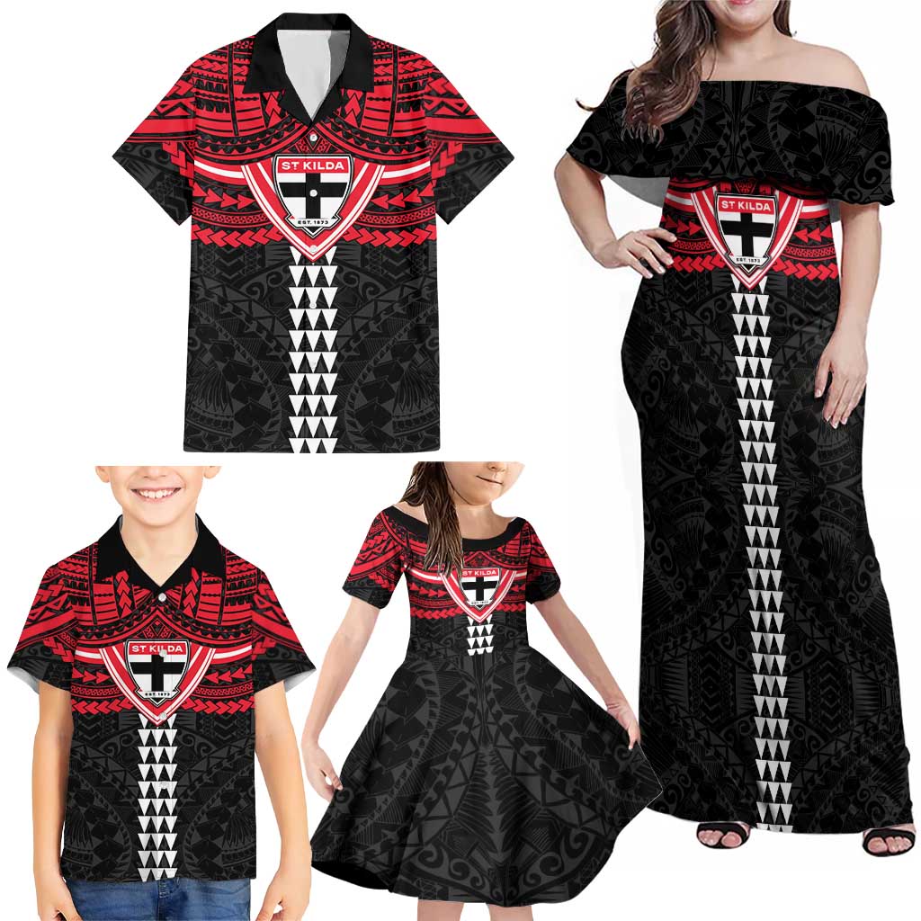 Personalized St Kilda Saints Family Matching Off Shoulder Maxi Dress and Hawaiian Shirt Polynesian Tribal Pattern Heritage Football