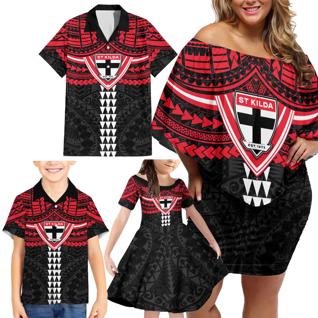 Personalized St Kilda Saints Family Matching Off Shoulder Short Dress and Hawaiian Shirt Polynesian Tribal Pattern Heritage Football
