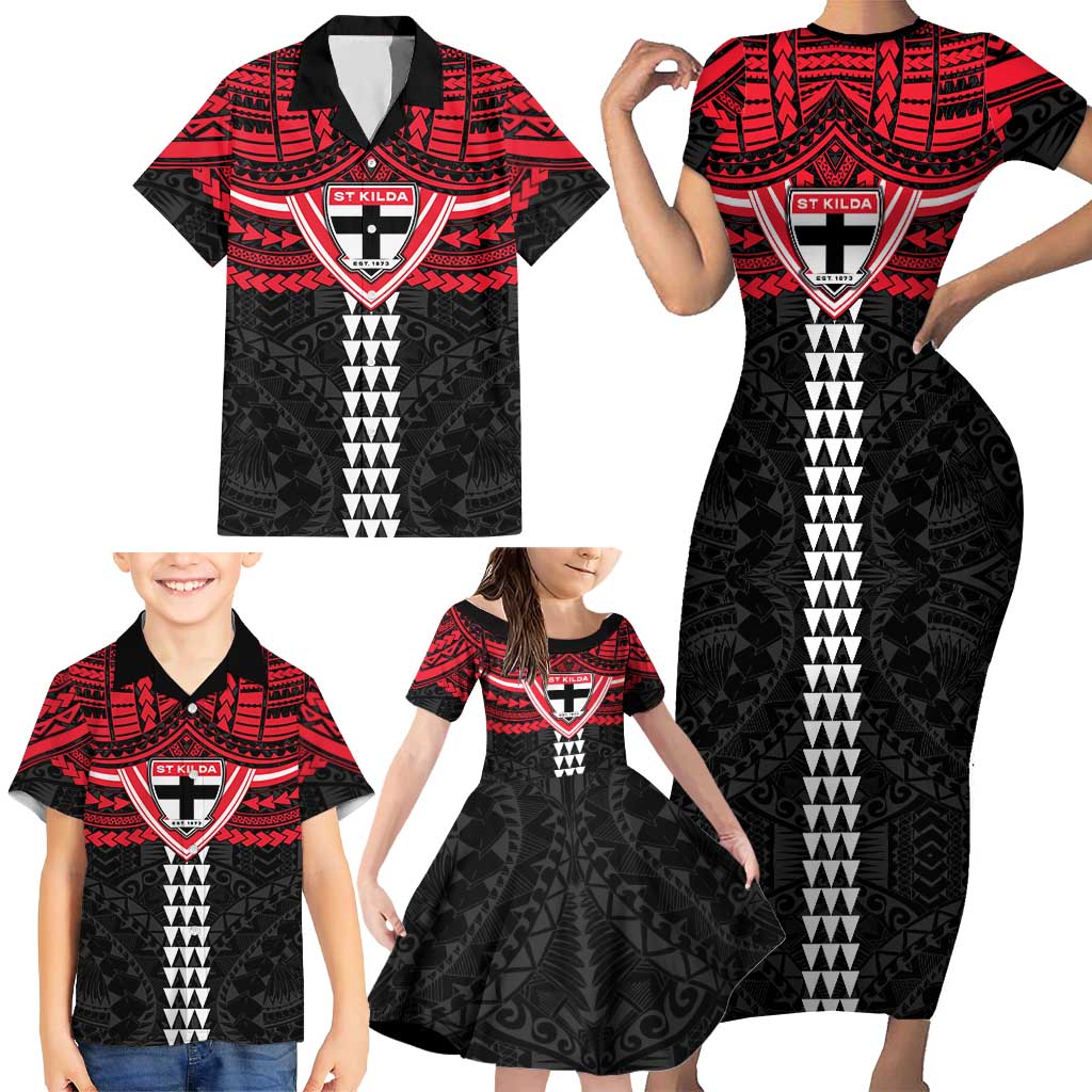 Personalized St Kilda Saints Family Matching Short Sleeve Bodycon Dress and Hawaiian Shirt Polynesian Tribal Pattern Heritage Football