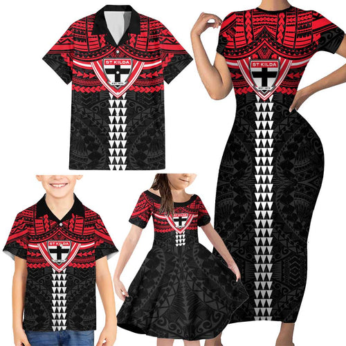 Personalized St Kilda Saints Family Matching Short Sleeve Bodycon Dress and Hawaiian Shirt Polynesian Tribal Pattern Heritage Football
