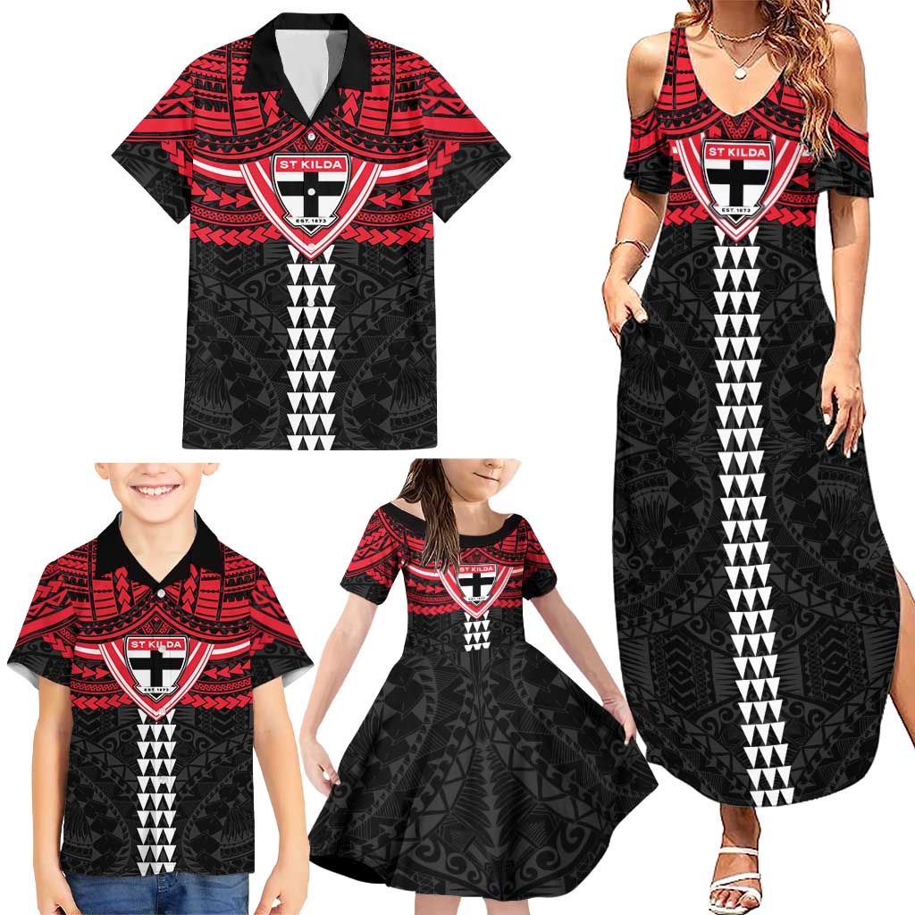 Personalized St Kilda Saints Family Matching Summer Maxi Dress and Hawaiian Shirt Polynesian Tribal Pattern Heritage Football