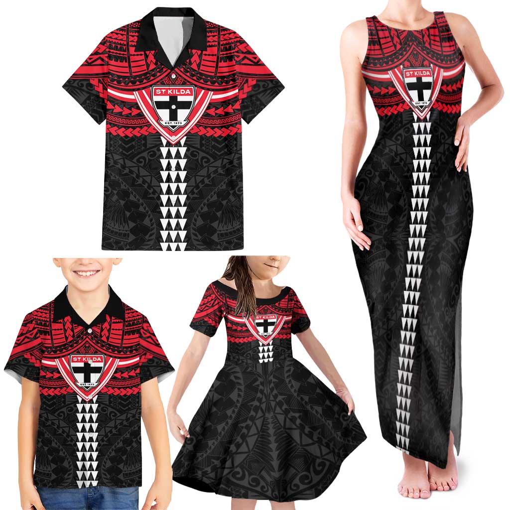 Personalized St Kilda Saints Family Matching Tank Maxi Dress and Hawaiian Shirt Polynesian Tribal Pattern Heritage Football