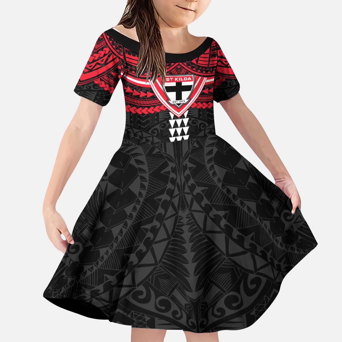 Personalized St Kilda Saints Kid Short Sleeve Dress Polynesian Tribal Pattern Heritage Football
