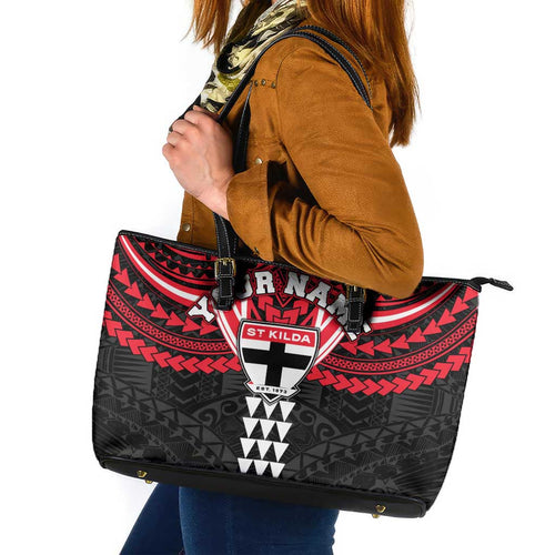 Personalized St Kilda Saints Leather Tote Bag Polynesian Tribal Pattern Heritage Football