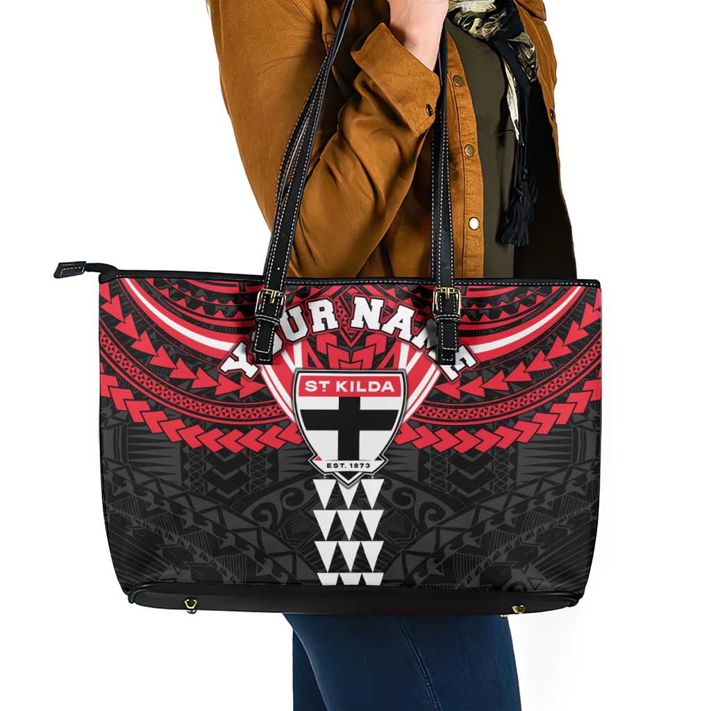 Personalized St Kilda Saints Leather Tote Bag Polynesian Tribal Pattern Heritage Football