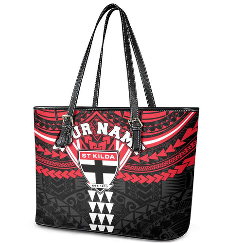Personalized St Kilda Saints Leather Tote Bag Polynesian Tribal Pattern Heritage Football