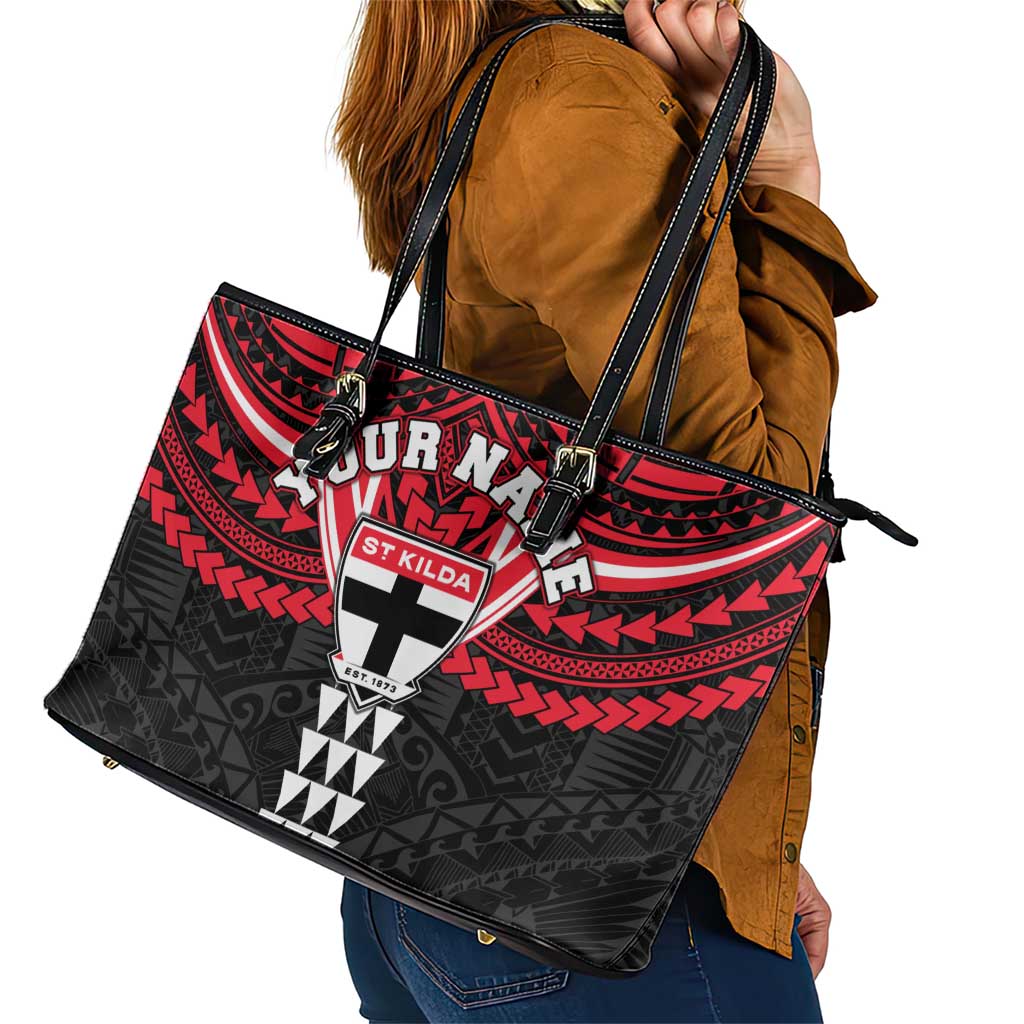 Personalized St Kilda Saints Leather Tote Bag Polynesian Tribal Pattern Heritage Football