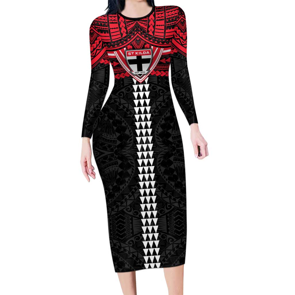 Personalized St Kilda Saints Long Sleeve Bodycon Dress Polynesian Tribal Pattern Heritage Football