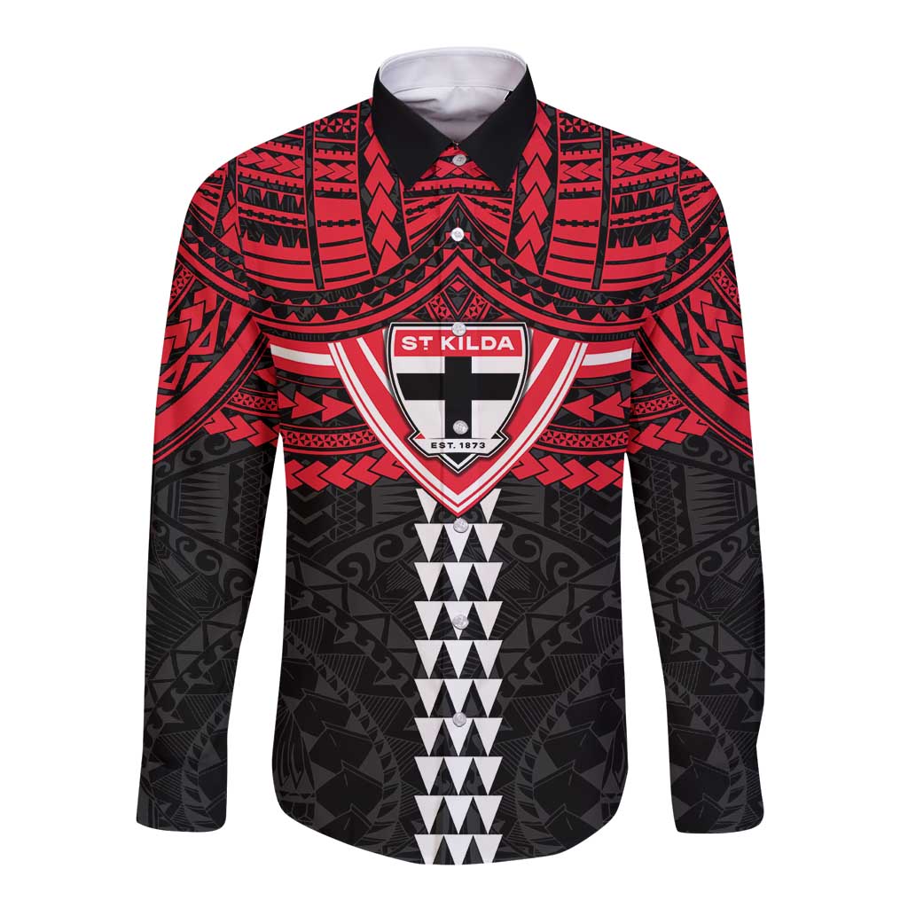 Personalized St Kilda Saints Long Sleeve Button Shirt Polynesian Tribal Pattern Heritage Football