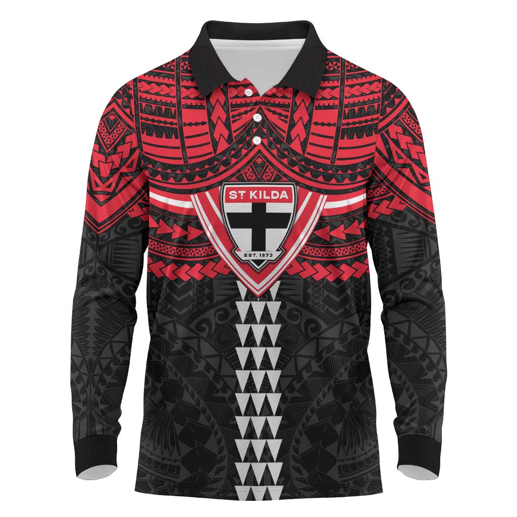 Personalized St Kilda Saints Long Sleeve Polo Shirt Polynesian Tribal Pattern Heritage Football