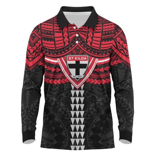 Personalized St Kilda Saints Long Sleeve Polo Shirt Polynesian Tribal Pattern Heritage Football