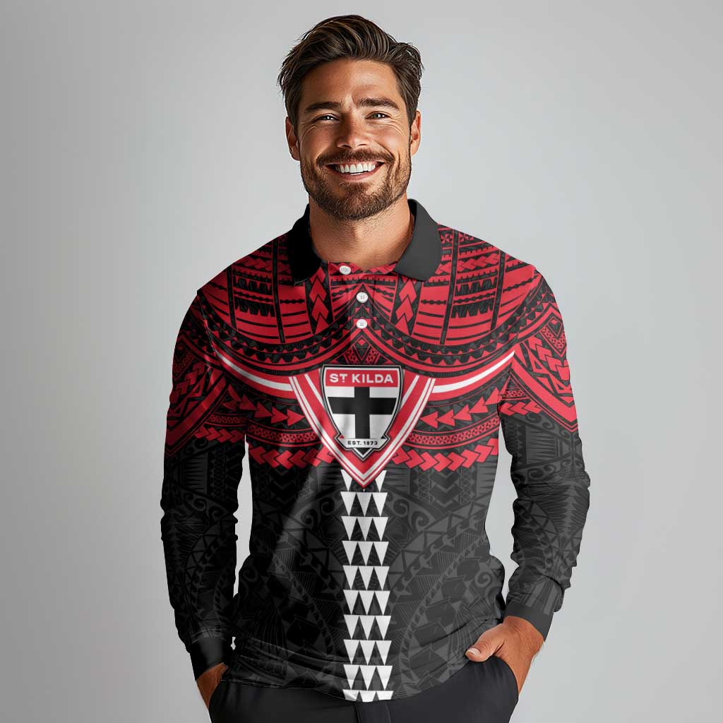 Personalized St Kilda Saints Long Sleeve Polo Shirt Polynesian Tribal Pattern Heritage Football