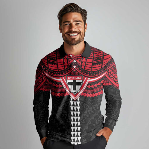 Personalized St Kilda Saints Long Sleeve Polo Shirt Polynesian Tribal Pattern Heritage Football