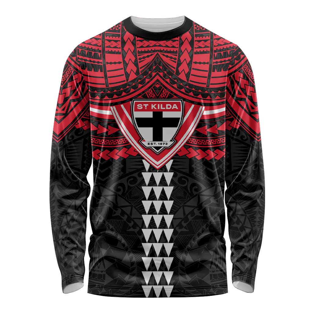 Personalized St Kilda Saints Long Sleeve Shirt Polynesian Tribal Pattern Heritage Football