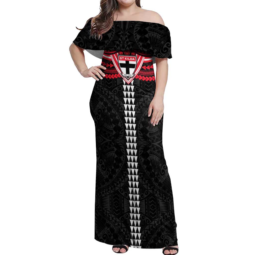 Personalized St Kilda Saints Off Shoulder Maxi Dress Polynesian Tribal Pattern Heritage Football