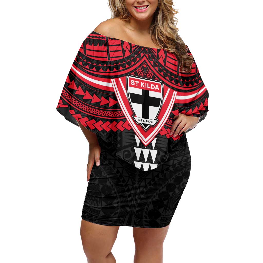 Personalized St Kilda Saints Off Shoulder Short Dress Polynesian Tribal Pattern Heritage Football