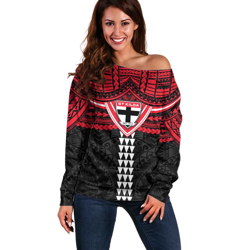Personalized St Kilda Saints Off Shoulder Sweater Polynesian Tribal Pattern Heritage Football