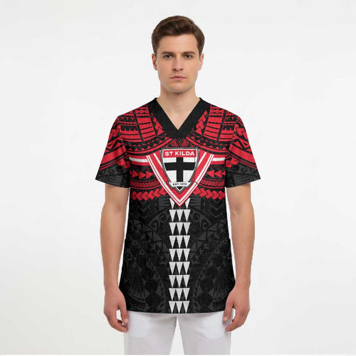 Personalized St Kilda Saints Scrub Top Polynesian Tribal Pattern Heritage Football