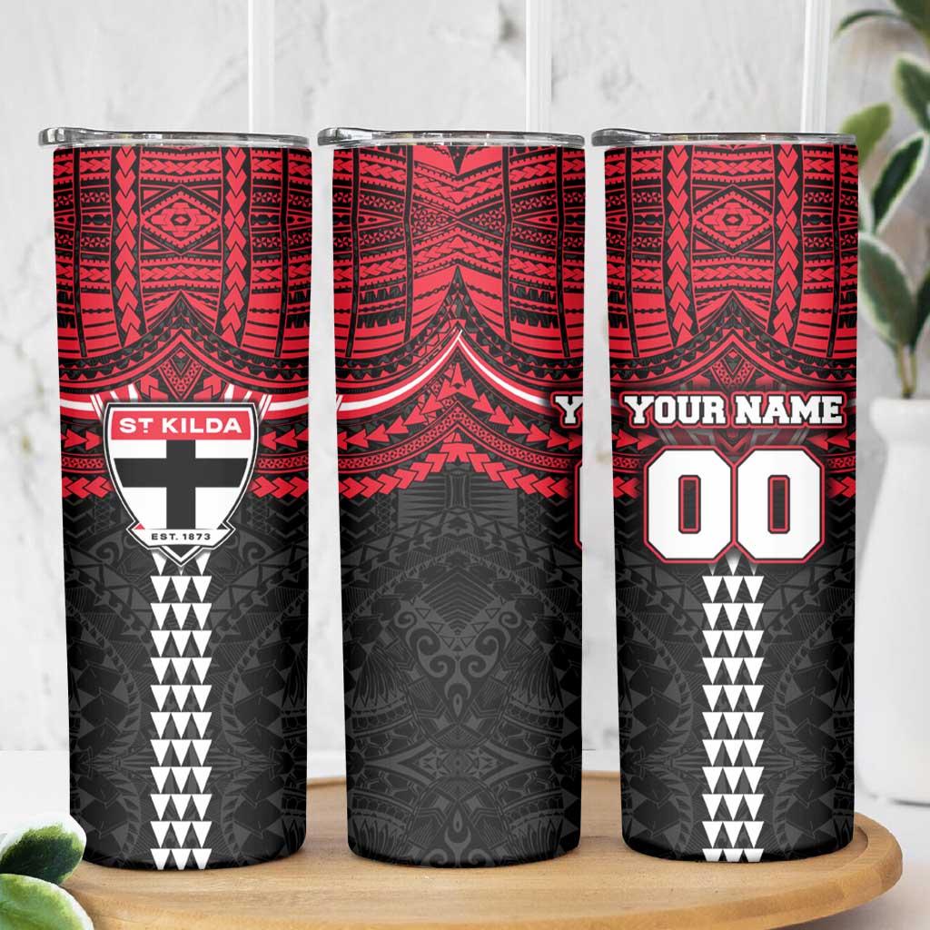 Personalized St Kilda Saints Skinny Tumbler Polynesian Tribal Pattern Heritage Football