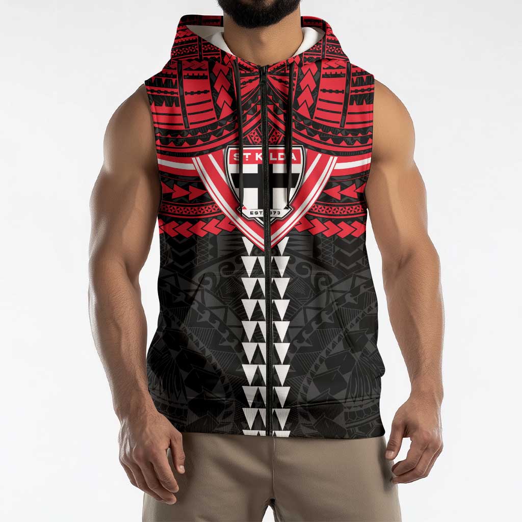 Personalized St Kilda Saints Sleeveless Zip Hoodie Polynesian Tribal Pattern Heritage Football
