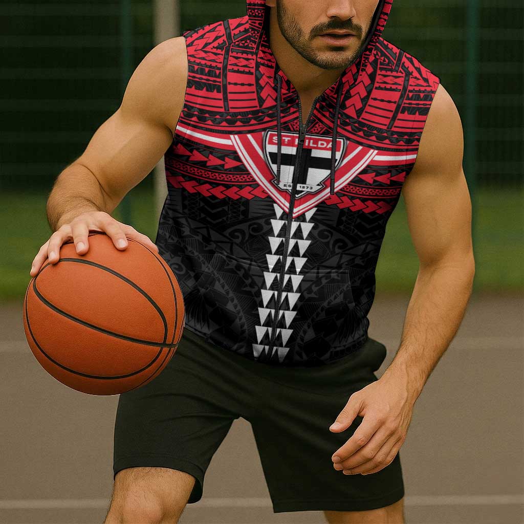 Personalized St Kilda Saints Sleeveless Zip Hoodie Polynesian Tribal Pattern Heritage Football
