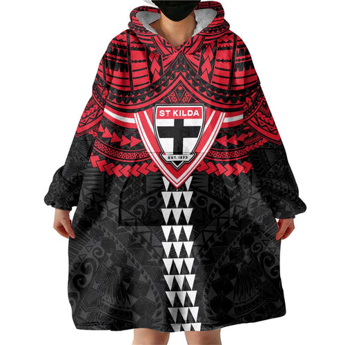Personalized St Kilda Saints Wearable Blanket Hoodie Polynesian Tribal Pattern Heritage Football