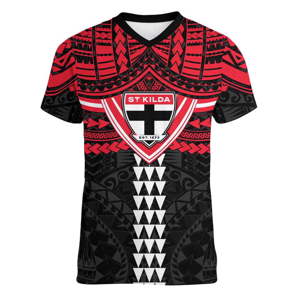 Personalized St Kilda Saints Women V-Neck T-Shirt Polynesian Tribal Pattern Heritage Football