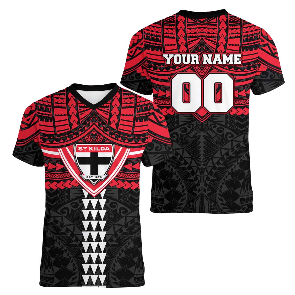 Personalized St Kilda Saints Women V-Neck T-Shirt Polynesian Tribal Pattern Heritage Football