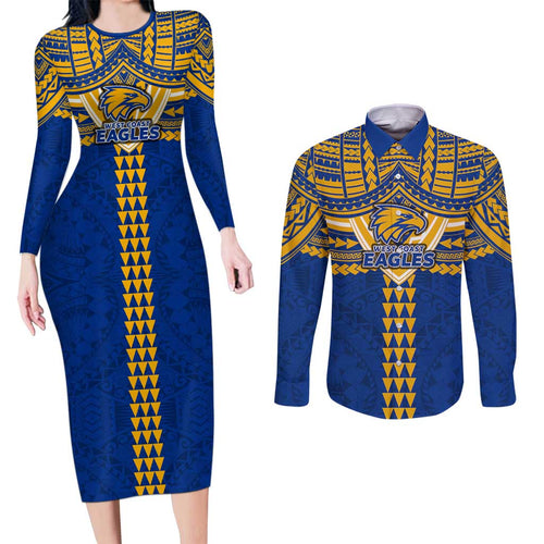 Personalized West Coast Eagles Couples Matching Long Sleeve Bodycon Dress and Long Sleeve Button Shirt Polynesian Tribal Pattern Heritage Football