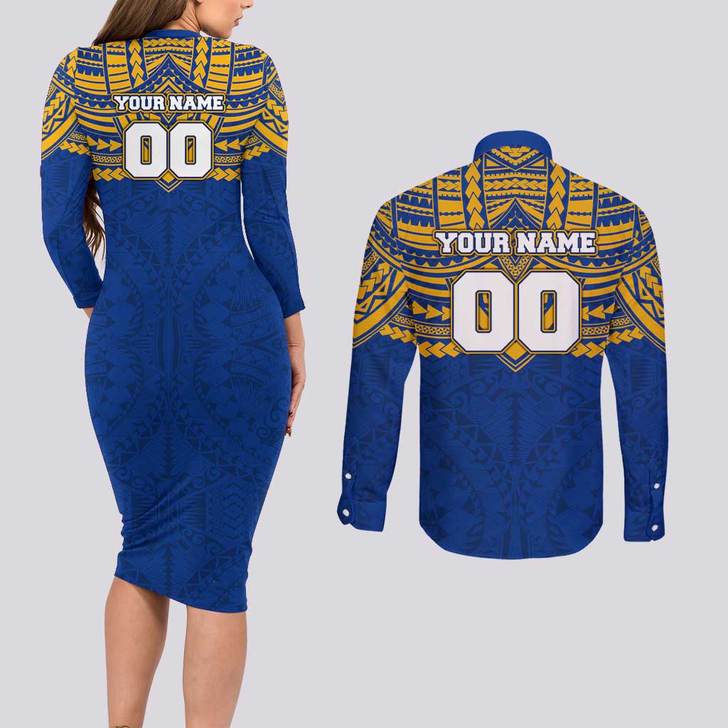 Personalized West Coast Eagles Couples Matching Long Sleeve Bodycon Dress and Long Sleeve Button Shirt Polynesian Tribal Pattern Heritage Football