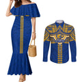 Personalized West Coast Eagles Couples Matching Mermaid Dress and Long Sleeve Button Shirt Polynesian Tribal Pattern Heritage Football