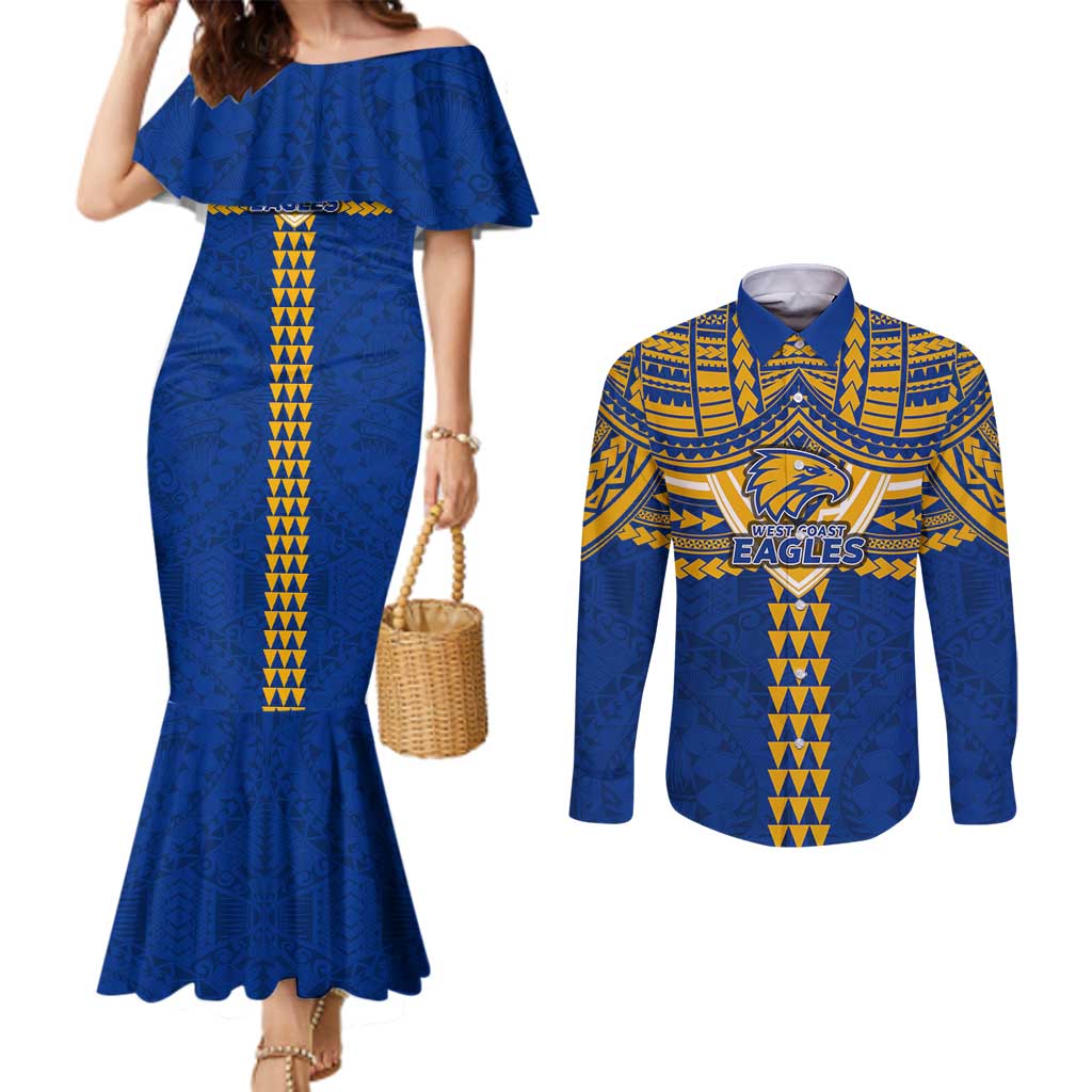 Personalized West Coast Eagles Couples Matching Mermaid Dress and Long Sleeve Button Shirt Polynesian Tribal Pattern Heritage Football