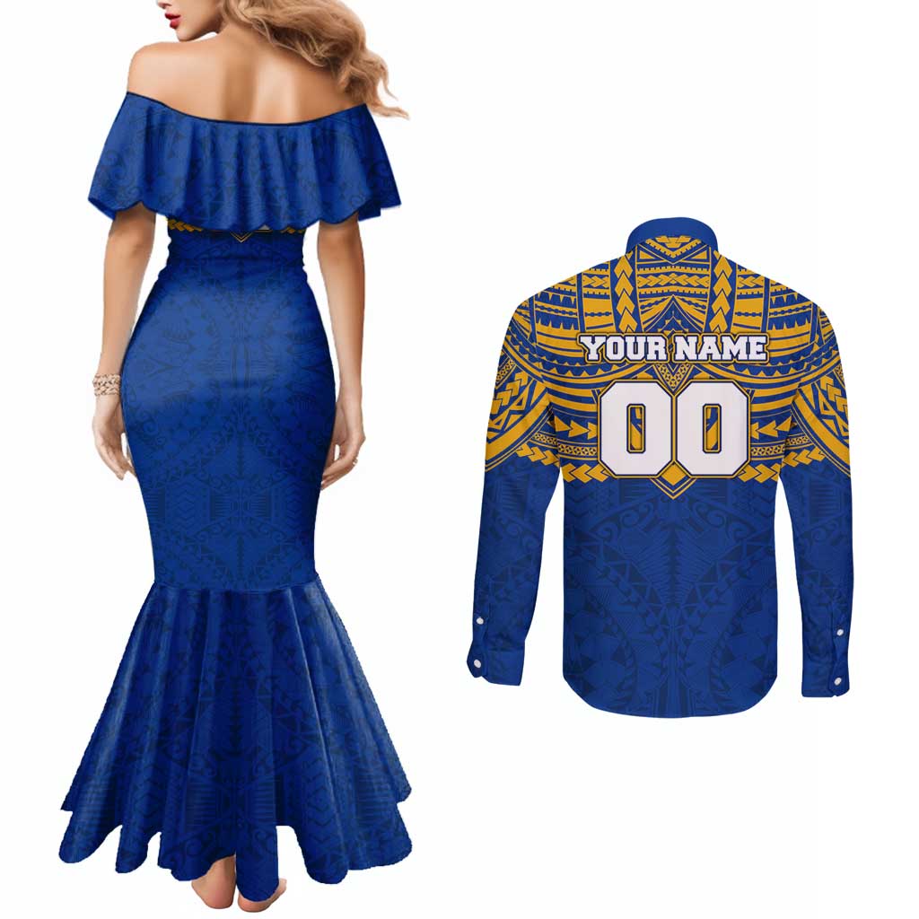 Personalized West Coast Eagles Couples Matching Mermaid Dress and Long Sleeve Button Shirt Polynesian Tribal Pattern Heritage Football