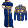 Personalized West Coast Eagles Couples Matching Off Shoulder Maxi Dress and Long Sleeve Button Shirt Polynesian Tribal Pattern Heritage Football