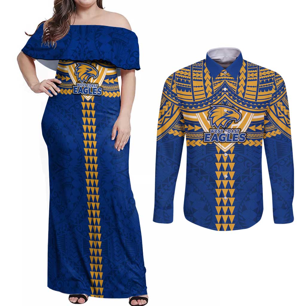 Personalized West Coast Eagles Couples Matching Off Shoulder Maxi Dress and Long Sleeve Button Shirt Polynesian Tribal Pattern Heritage Football