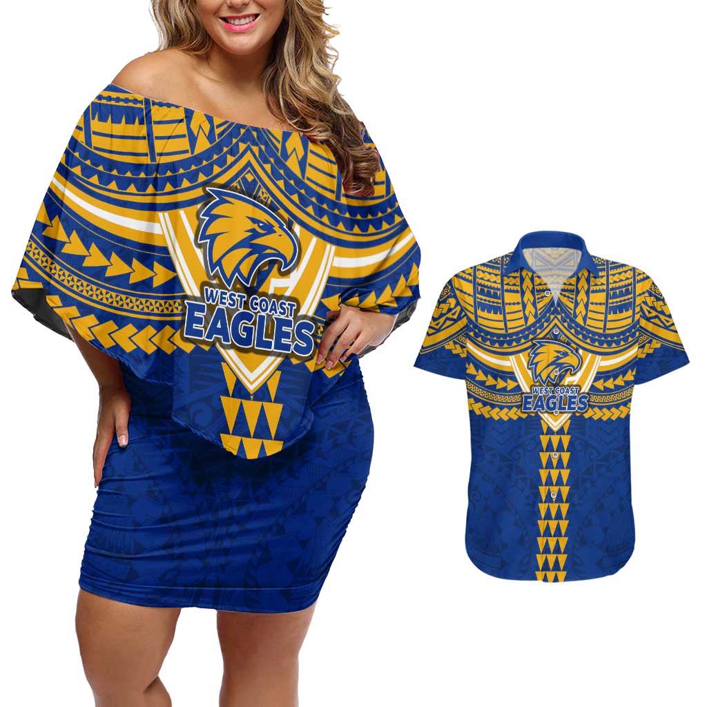 Personalized West Coast Eagles Couples Matching Off Shoulder Short Dress and Hawaiian Shirt Polynesian Tribal Pattern Heritage Football