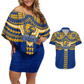 Personalized West Coast Eagles Couples Matching Off Shoulder Short Dress and Hawaiian Shirt Polynesian Tribal Pattern Heritage Football