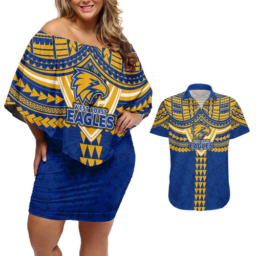 Personalized West Coast Eagles Couples Matching Off Shoulder Short Dress and Hawaiian Shirt Polynesian Tribal Pattern Heritage Football