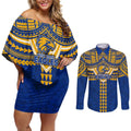 Personalized West Coast Eagles Couples Matching Off Shoulder Short Dress and Long Sleeve Button Shirt Polynesian Tribal Pattern Heritage Football