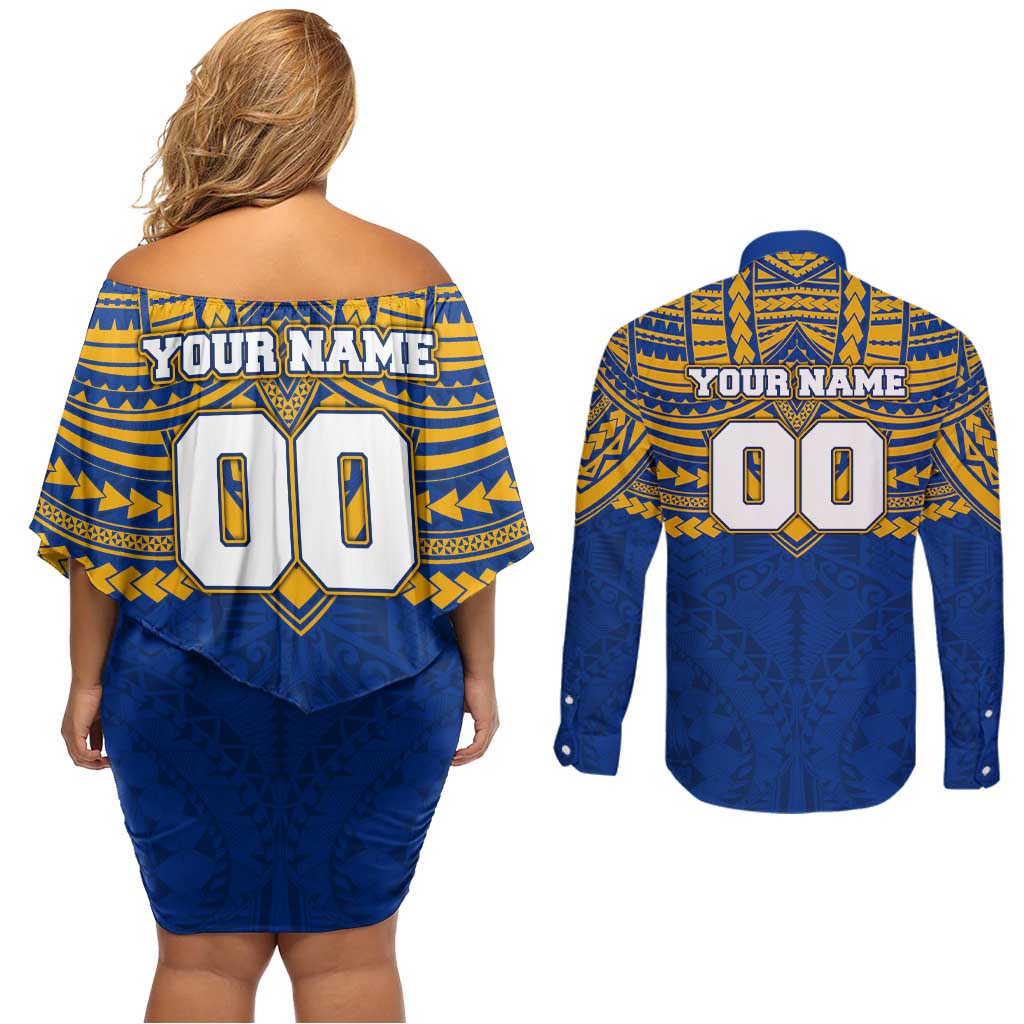 Personalized West Coast Eagles Couples Matching Off Shoulder Short Dress and Long Sleeve Button Shirt Polynesian Tribal Pattern Heritage Football